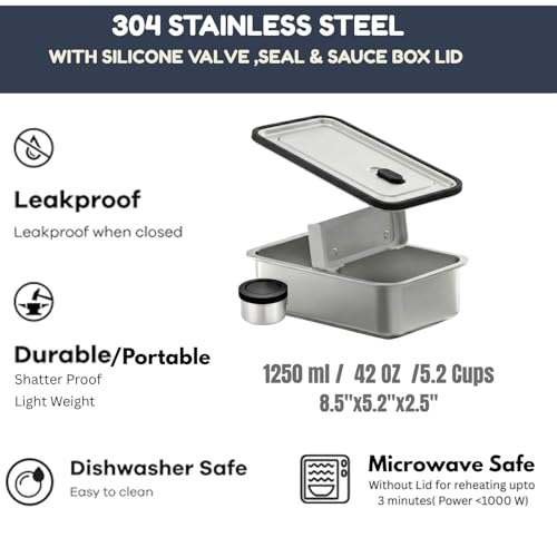 Modaniam Stainless Steel Bento Box Adult, 42 OZ, Stainless Steel Lunch Box Containers, Metal Lunch Box, Leak proof Lunch Containers,Black - Image 4