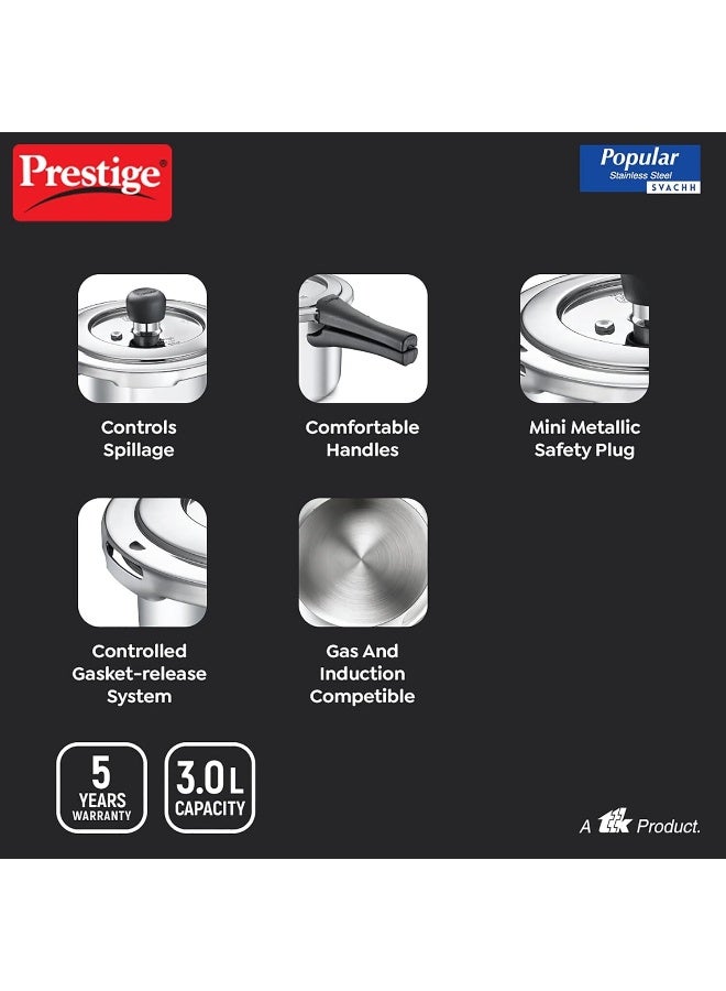 Prestige 3.00Liters Prestige Popular Svachh Spillage Control Stainless Steel Outer Lid Pressure Cooker, 3 L (Silver) silver - Image 5