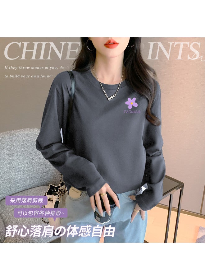 LANG SHA Women'S Long Sleeve Round Neck T-Shirt Versatile Solid Color Print Base Layer T-Shirt Women - Image 4