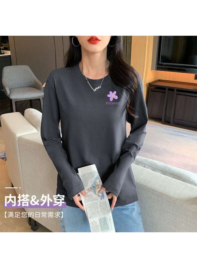 LANG SHA Women'S Long Sleeve Round Neck T-Shirt Versatile Solid Color Print Base Layer T-Shirt Women - Image 5