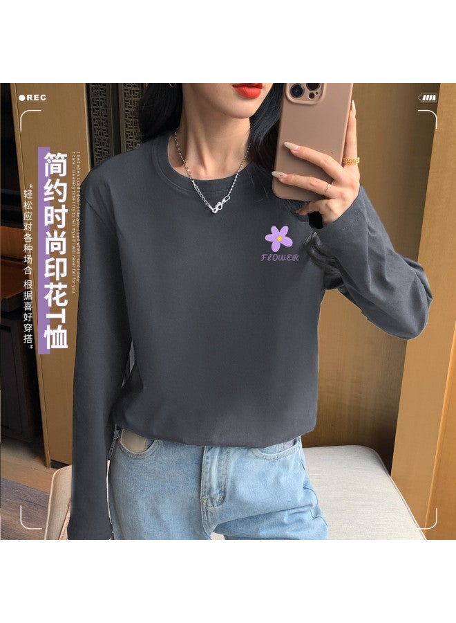 LANG SHA Women'S Long Sleeve Round Neck T-Shirt Versatile Solid Color Print Base Layer T-Shirt Women - Image 3