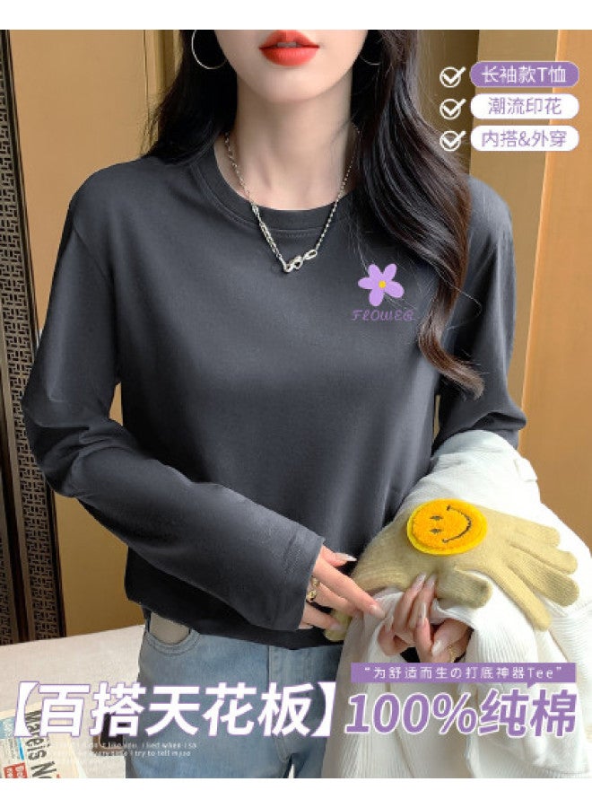 LANG SHA Women'S Long Sleeve Round Neck T-Shirt Versatile Solid Color Print Base Layer T-Shirt Women - Image 1