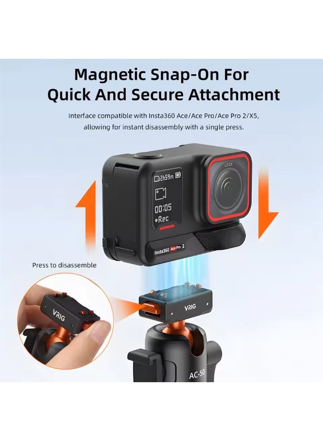 في ار اي جي حامل ثلاثي القوائم مغناطيسي مزود بجهاز تحكم عن بعد بتقنية بلوتوث من VRIG، متوافق مع كاميرات Insta360 Ace و Ace Pro و Ace Pro 2 و X5، مع رأس كروي 360/قاعدة تثبيت. - Image 3