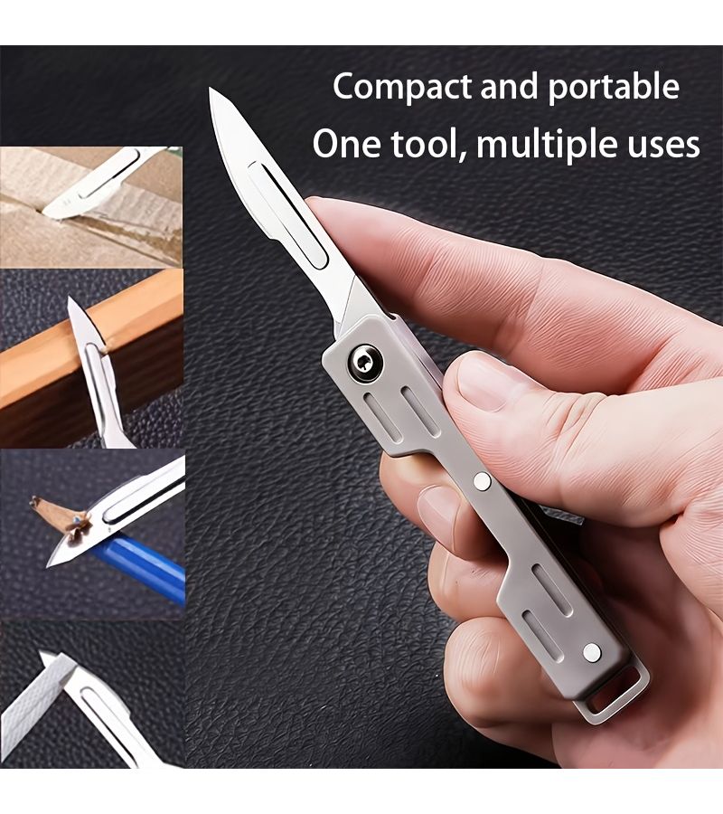 3 Piece Set Silvery Folding Utility Knife Handle With Key Ring And Drawstring Bag - Image 3