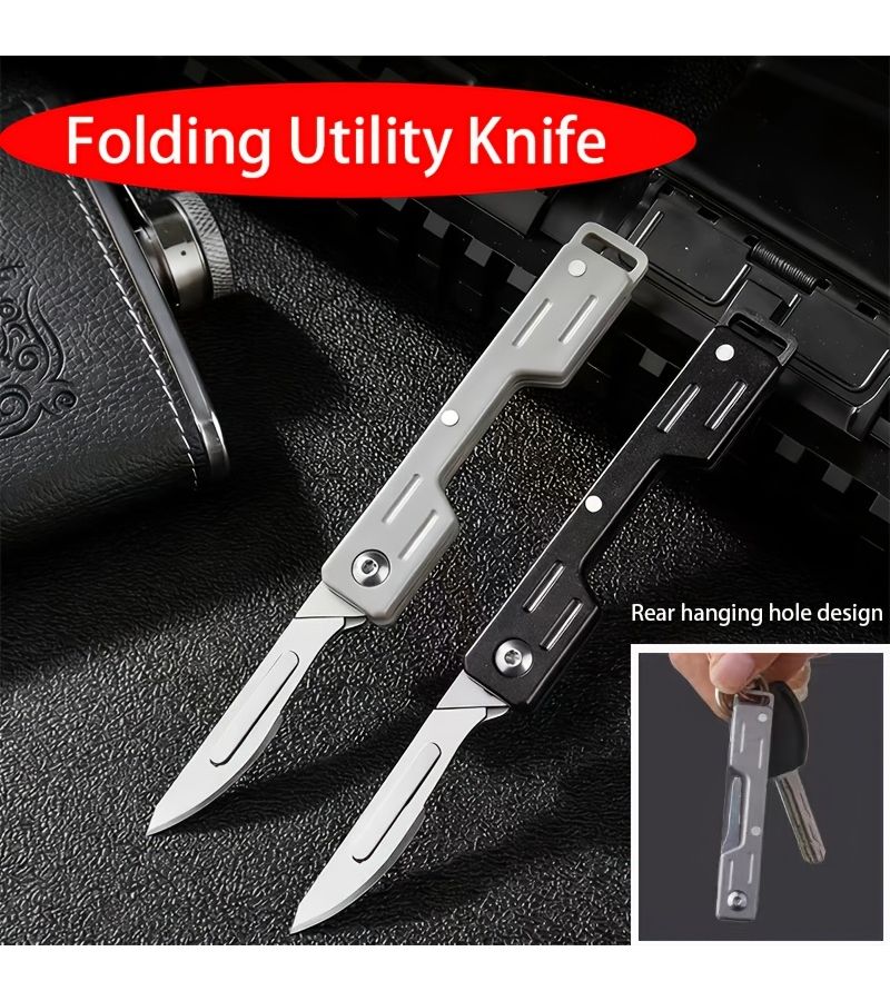 3 Piece Set Silvery Folding Utility Knife Handle With Key Ring And Drawstring Bag - Image 1