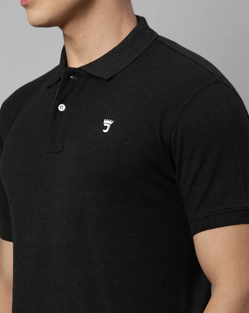 Joven Men Jet Black Solid Polo Collar Pure Cotton T-Shirt
