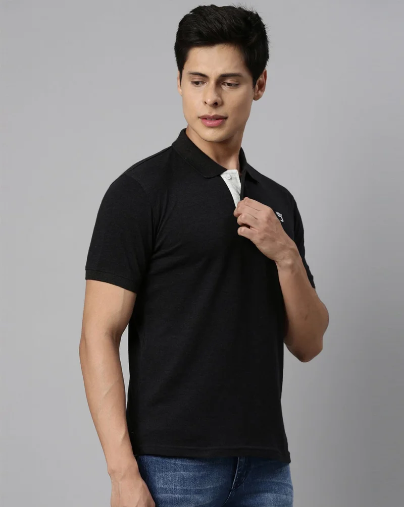Joven Men Jet Black Solid Polo Collar Pure Cotton T-Shirt