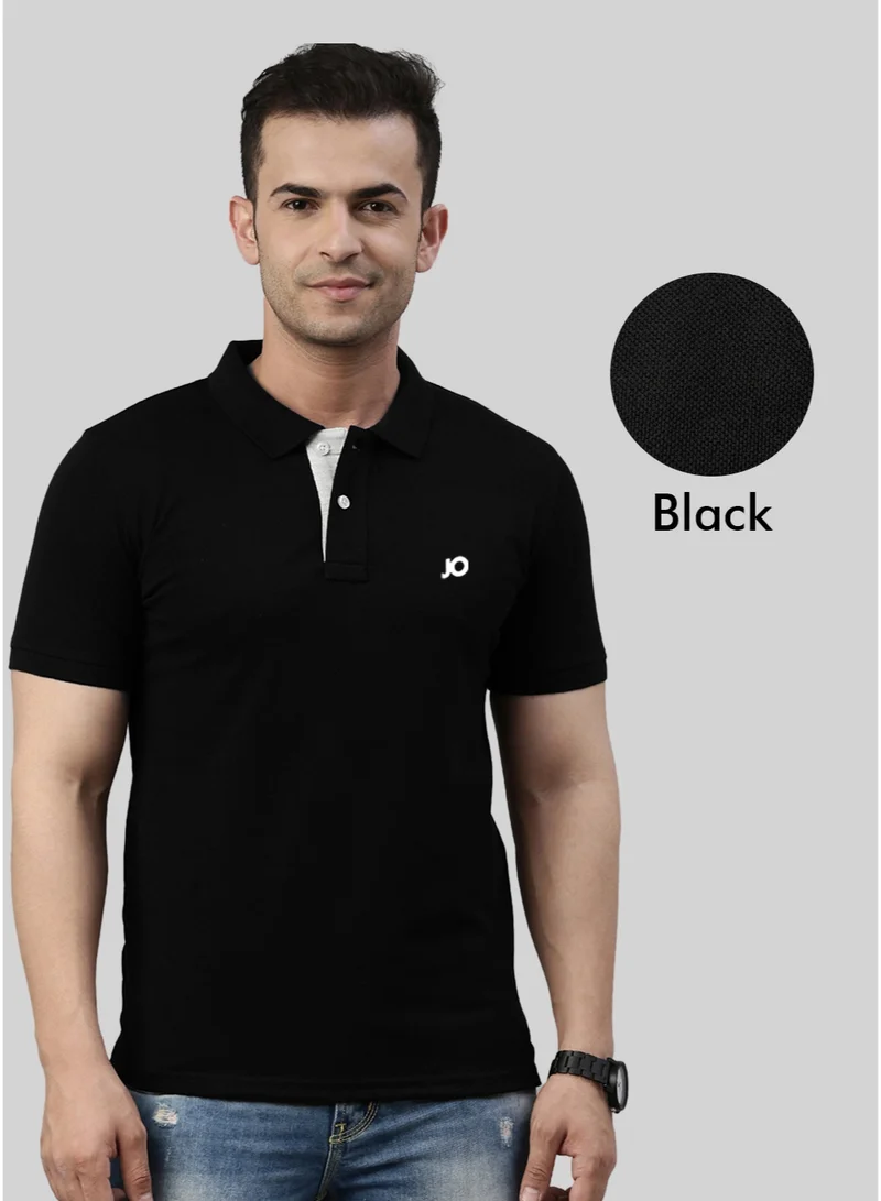 جوفن تي شيرت بولو قطن نقي رجالي أسود فحمي سادة