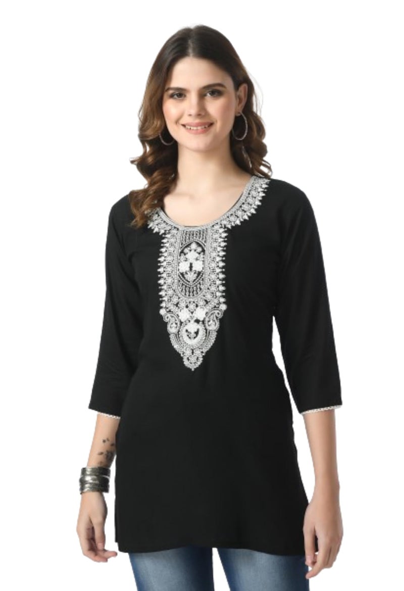 LIBOZA Store LIBOZA Short Kurti for Women – Lakhnowi Chikankari Embroidered Ladies Kurta, Stylish Girls Top, Ethnic Half Kurtas, Tunic Design Woman Kurtis Black - Image 1