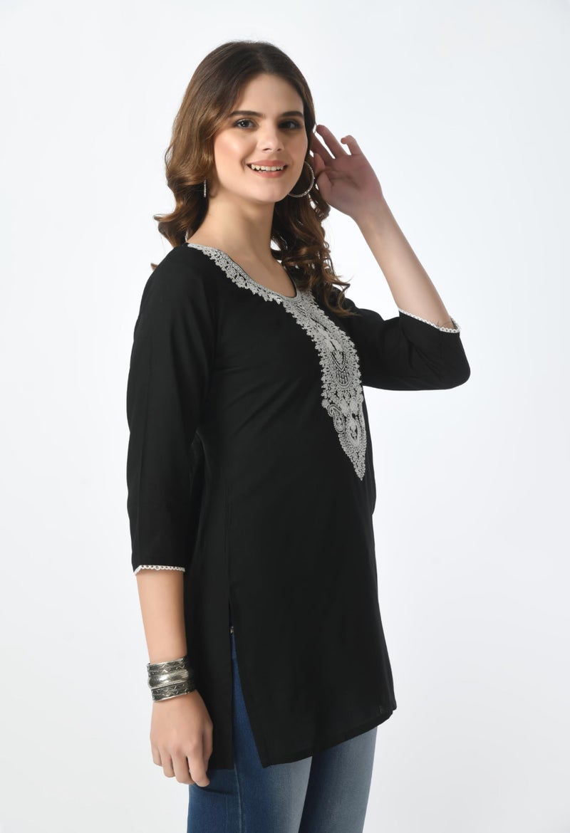 LIBOZA Store LIBOZA Short Kurti for Women – Lakhnowi Chikankari Embroidered Ladies Kurta, Stylish Girls Top, Ethnic Half Kurtas, Tunic Design Woman Kurtis Black - Image 5
