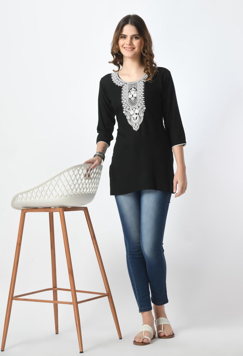 LIBOZA Store LIBOZA Short Kurti for Women – Lakhnowi Chikankari Embroidered Ladies Kurta, Stylish Girls Top, Ethnic Half Kurtas, Tunic Design Woman Kurtis Black - Image 4