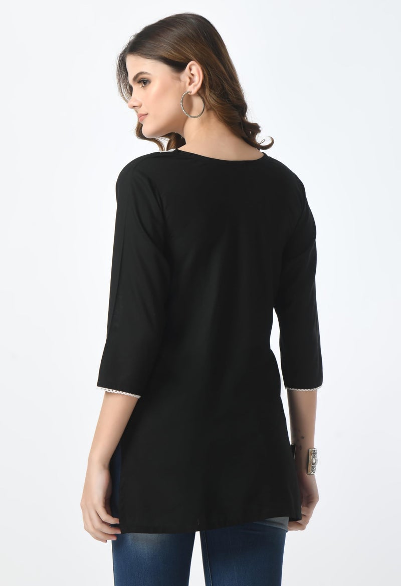 LIBOZA Store LIBOZA Short Kurti for Women – Lakhnowi Chikankari Embroidered Ladies Kurta, Stylish Girls Top, Ethnic Half Kurtas, Tunic Design Woman Kurtis Black - Image 3