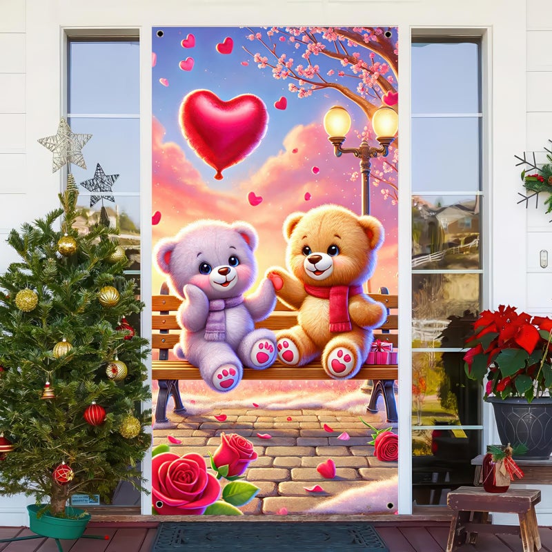 BlissYard Valentineâ€™s Day Door Cover 71x35 Inch Teddy Bear Door Banner with Heart Balloon Romantic Park Scene Decoration for Front Door Indoor Outdoor Valentine Party Backdrop Love Door Hanging Decor - Image 2
