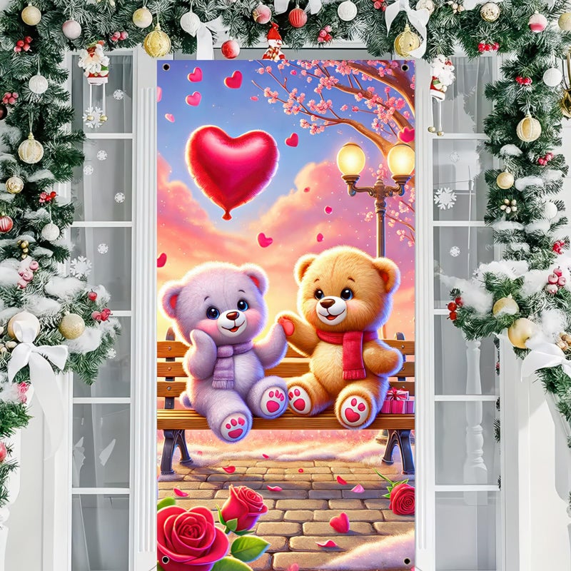 BlissYard Valentineâ€™s Day Door Cover 71x35 Inch Teddy Bear Door Banner with Heart Balloon Romantic Park Scene Decoration for Front Door Indoor Outdoor Valentine Party Backdrop Love Door Hanging Decor - Image 1