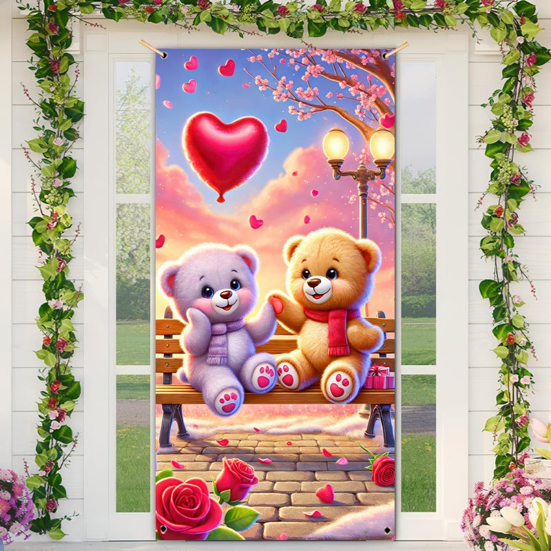 BlissYard Valentineâ€™s Day Door Cover 71x35 Inch Teddy Bear Door Banner with Heart Balloon Romantic Park Scene Decoration for Front Door Indoor Outdoor Valentine Party Backdrop Love Door Hanging Decor - Image 4