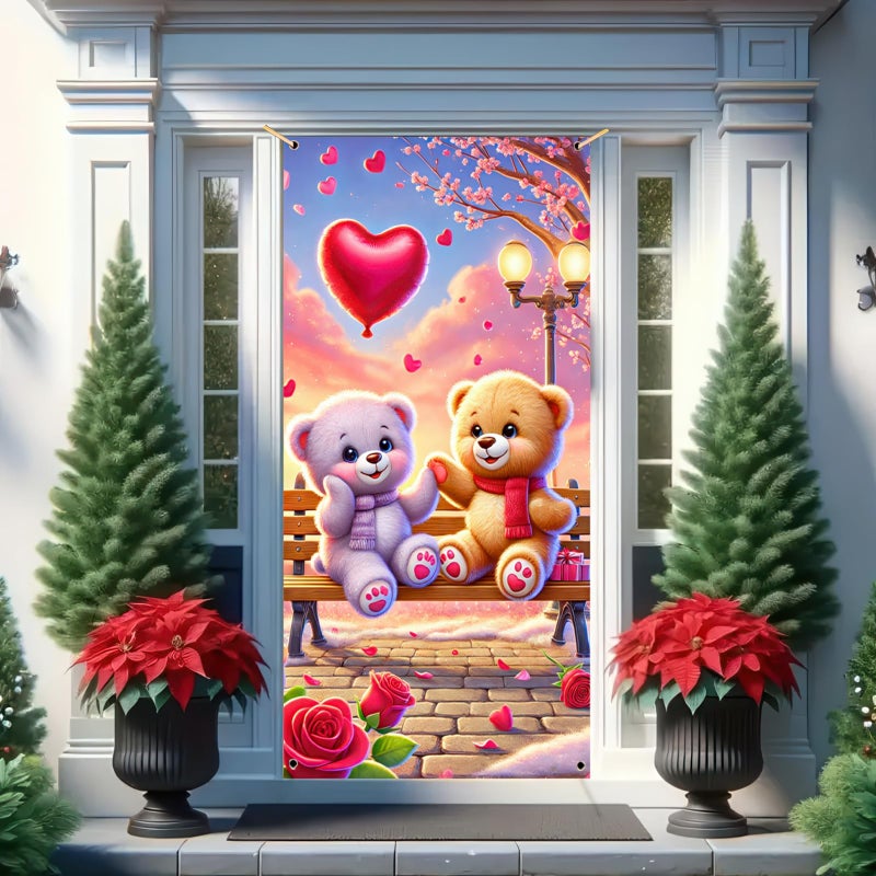 BlissYard Valentineâ€™s Day Door Cover 71x35 Inch Teddy Bear Door Banner with Heart Balloon Romantic Park Scene Decoration for Front Door Indoor Outdoor Valentine Party Backdrop Love Door Hanging Decor - Image 5