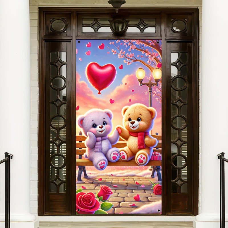 BlissYard Valentineâ€™s Day Door Cover 71x35 Inch Teddy Bear Door Banner with Heart Balloon Romantic Park Scene Decoration for Front Door Indoor Outdoor Valentine Party Backdrop Love Door Hanging Decor - Image 3