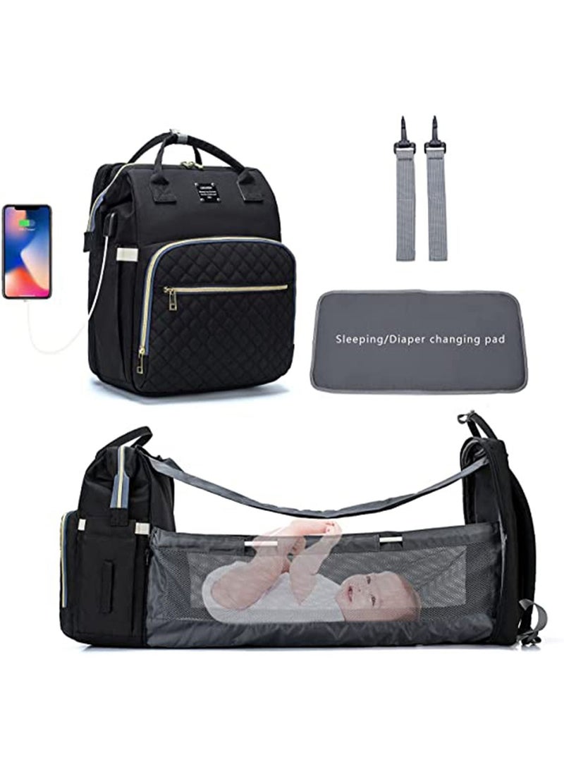 LIMOS Diaper Bag Backpack with Travel Bassinet,Detachable Foldable Baby Bed for Baby Toddler(Black) 