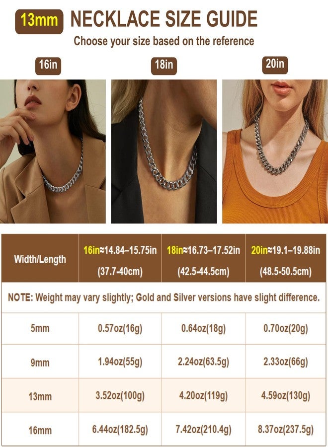 NOKMIT Chunky Cuban Link Curb Chain Necklace for Women Men Dainty 18K Gold Silver Tone Choker Thick Trendy Statement Diamond Cut Punk Hip Hop Cuban Chain Jewelry Gifts Unisex (Silver, 13mm, 16in) - Image 2