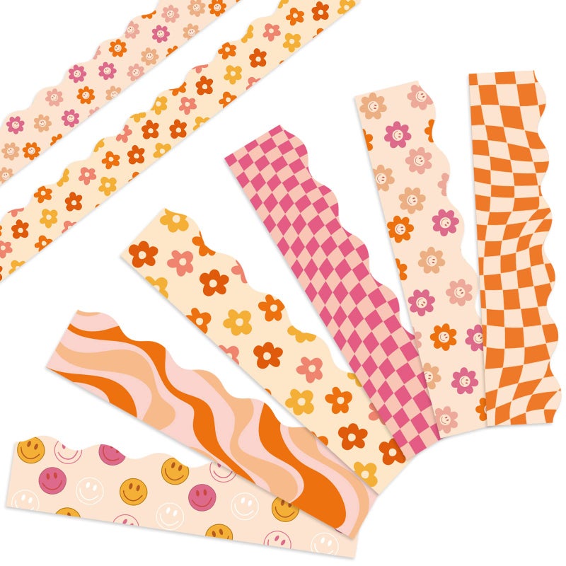 Whaline 82Ft Boho Bulletin Board Borders Retro Groovy 70s Decoration Borders Vintage Smile Daisy Plaid Trim Border Boho Bulletin Board Stickers for School Classroom Office Party Decoration
