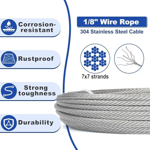 TooTaci 1/8 Stainless Steel Cable, 50ft 1/8 Steel Wire Rope Heavy Duty with M6 Turnbuckle for Cables Wire, 7×7 Strands Aircraft Cable for Deck Railing, Fences, Anti Sag Gate Kit - Image 2