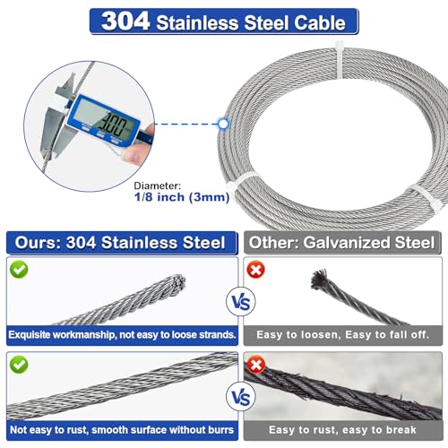 TooTaci 1/8 Stainless Steel Cable, 50ft 1/8 Steel Wire Rope Heavy Duty with M6 Turnbuckle for Cables Wire, 7×7 Strands Aircraft Cable for Deck Railing, Fences, Anti Sag Gate Kit - Image 3