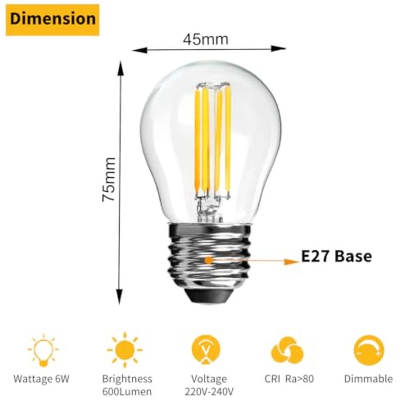 E27 Dimmable Bulb for Ceiling Fan Vanity Pendant Light, G45 Glass Warm White 2700K 6W LED, Vintage Edison Screw, 60W Incandescent Equivalent, 10Pack - Image 3