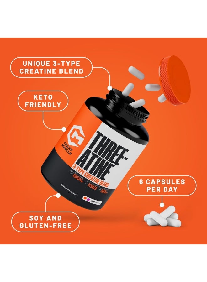 Crazy Muscle Creatine Capsules - 5g of Premium 3X ThreeAtine Pre Workout Bulk Mass Gainer - High Absorption Easy-to-Take Creatine Monohydrate Capsules Optimum Performance for Men Women - 180 Capsules - Image 3