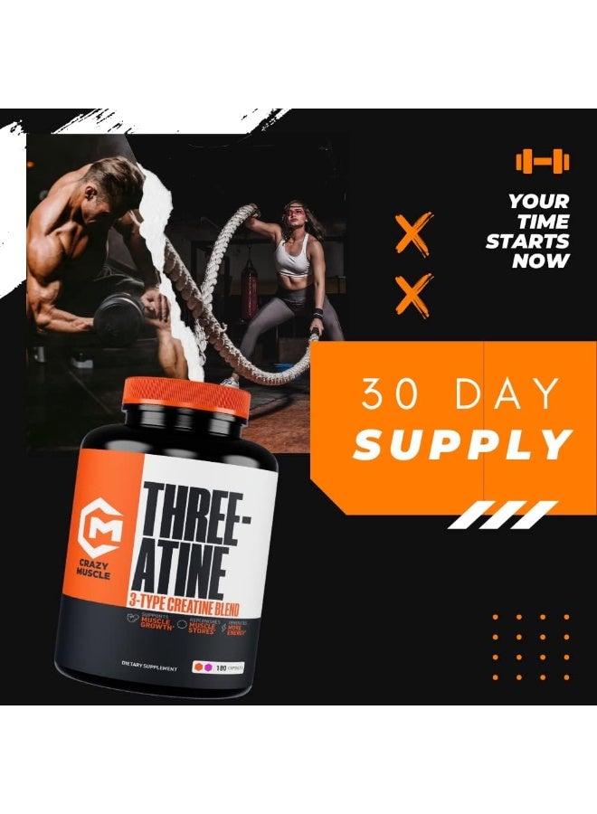 Crazy Muscle Creatine Capsules - 5g of Premium 3X ThreeAtine Pre Workout Bulk Mass Gainer - High Absorption Easy-to-Take Creatine Monohydrate Capsules Optimum Performance for Men Women - 180 Capsules - Image 5