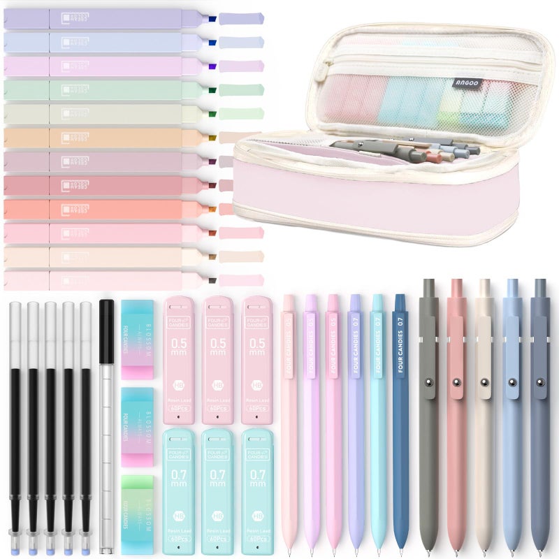 Four Candies 39 PCS Aesthetic School Supplies with Cute Pen Case, 12 Pastel Highlighters, 5 Black Ink Gel Pens, 6 Mechanical Pencils Set for Students Stationary College Essentials (Pink) - Image 1