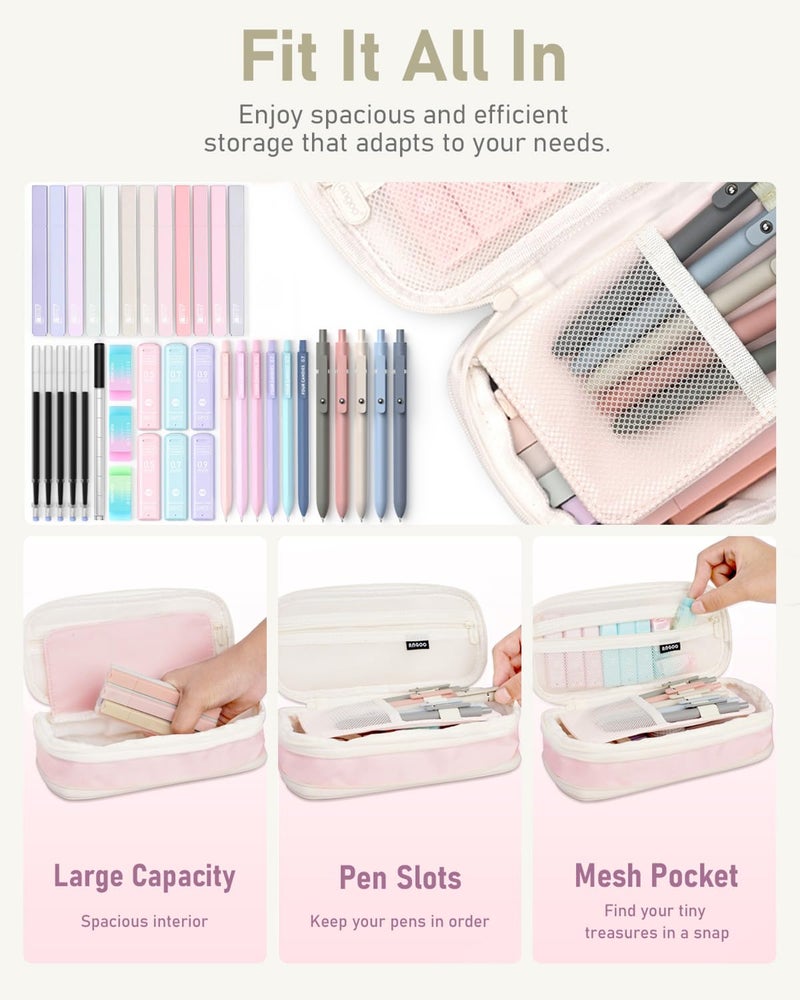 Four Candies 39 PCS Aesthetic School Supplies with Cute Pen Case, 12 Pastel Highlighters, 5 Black Ink Gel Pens, 6 Mechanical Pencils Set for Students Stationary College Essentials (Pink) - Image 2