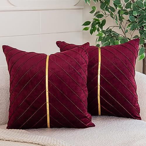 WACOMECO Velvet Throw Pillow Covers Pack of 2 Soft Gold Decorative Cushion Covers for Couch Sofa Living Room Home Decoration Burgundy 18x18 inch - Image 1