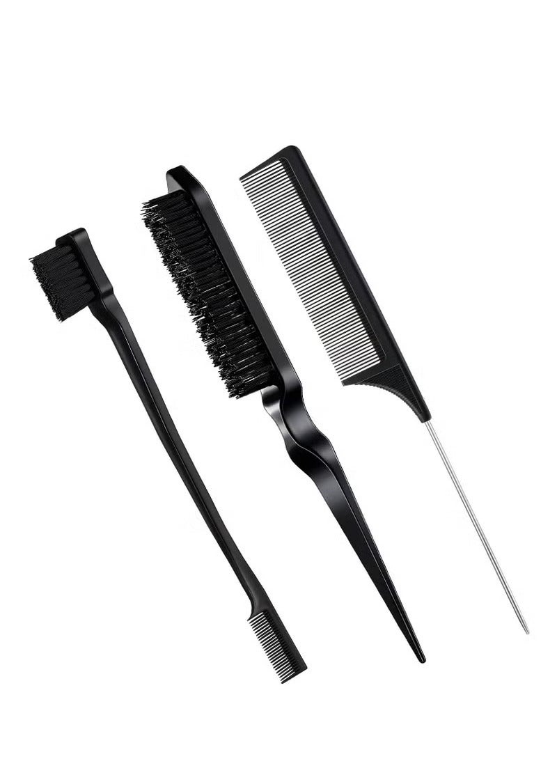3 Pcs Hair Brush Set Bristle Hair Brush Teasing Comb Edge Hair Brush Grooming Combs Sturdy Rat Tail Comb for Women Babies Kids' Hair (Black) - Image 1
