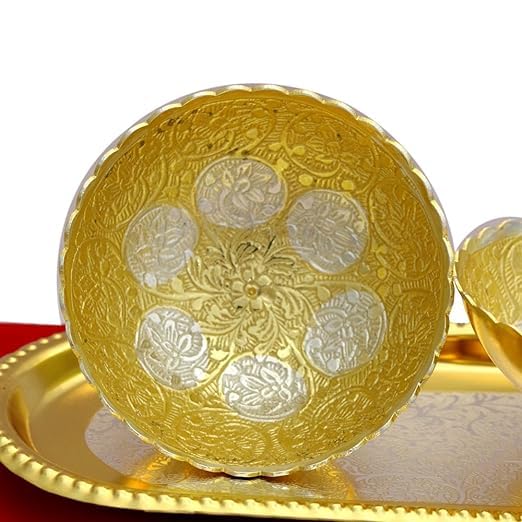 ME & YOU Gold Plated Round Bowl Set with Awesome Box | Attractive Fancy Red Gift Box with Golden Bowl | Golden Serving Try with Bowl & Spoon | Diwali Gift for Friends & Relatives | Set of 5 - Image 2