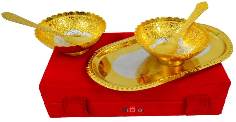ME & YOU Gold Plated Round Bowl Set with Awesome Box | Attractive Fancy Red Gift Box with Golden Bowl | Golden Serving Try with Bowl & Spoon | Diwali Gift for Friends & Relatives | Set of 5 - Image 1