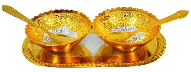 ME & YOU Gold Plated Round Bowl Set with Awesome Box | Attractive Fancy Red Gift Box with Golden Bowl | Golden Serving Try with Bowl & Spoon | Diwali Gift for Friends & Relatives | Set of 5 - Image 3