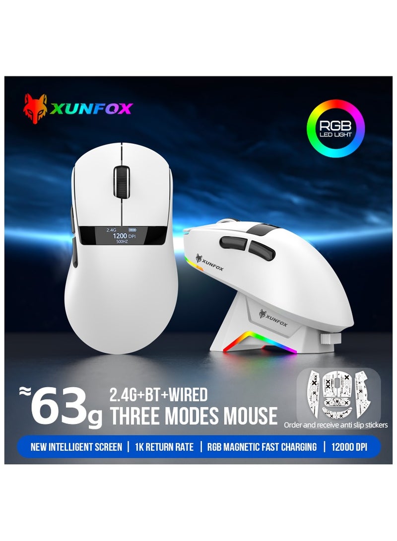 XUNFOX XUNFOX H9 Pro Wireless Gaming Mouse, 3 Modes (2.4G+BT+Wired), 12000 DPI, RGB Charging Dock, OLED Screen Display, Magnetic Fast Charging, Lightweight 63g, PAW3311 Sensor, PU Sticker – White - Image 1