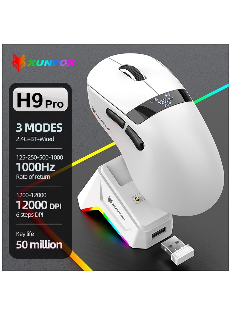 XUNFOX XUNFOX H9 Pro Wireless Gaming Mouse, 3 Modes (2.4G+BT+Wired), 12000 DPI, RGB Charging Dock, OLED Screen Display, Magnetic Fast Charging, Lightweight 63g, PAW3311 Sensor, PU Sticker – White - Image 2