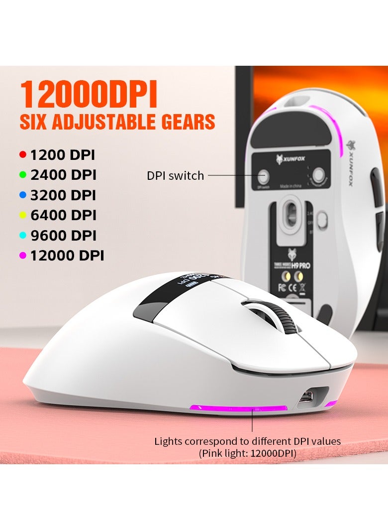 XUNFOX XUNFOX H9 Pro Wireless Gaming Mouse, 3 Modes (2.4G+BT+Wired), 12000 DPI, RGB Charging Dock, OLED Screen Display, Magnetic Fast Charging, Lightweight 63g, PAW3311 Sensor, PU Sticker – White - Image 4