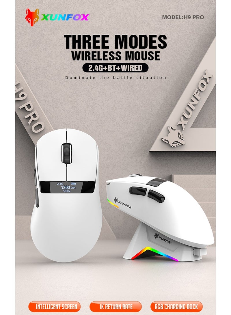 XUNFOX XUNFOX H9 Pro Wireless Gaming Mouse, 3 Modes (2.4G+BT+Wired), 12000 DPI, RGB Charging Dock, OLED Screen Display, Magnetic Fast Charging, Lightweight 63g, PAW3311 Sensor, PU Sticker – White - Image 5