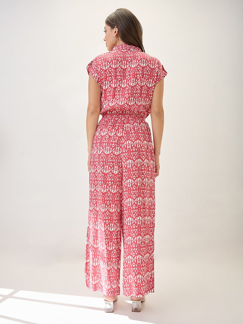 globus Globus Women Shirt Collar Extended Sleeves Abstract Print Cut Out Detail Waist Tie-Up Jumpsuit - Image 3