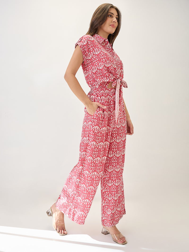 globus Globus Women Shirt Collar Extended Sleeves Abstract Print Cut Out Detail Waist Tie-Up Jumpsuit - Image 2