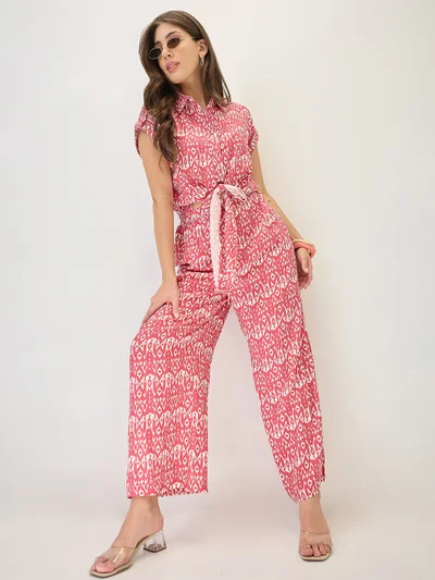 globus Women Shirt Collar Extended Sleeves Abstract Print Cut Out Detail Waist Tie-Up Jumpsuit