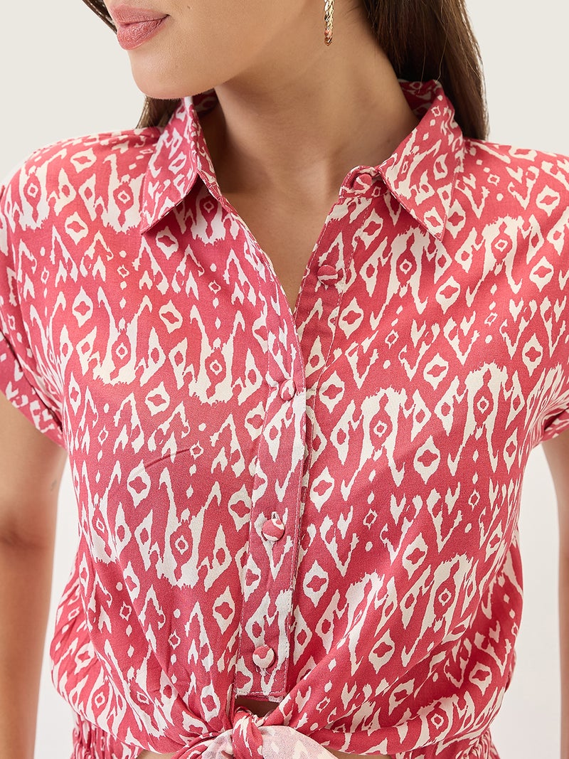 globus Globus Women Shirt Collar Extended Sleeves Abstract Print Cut Out Detail Waist Tie-Up Jumpsuit - Image 4