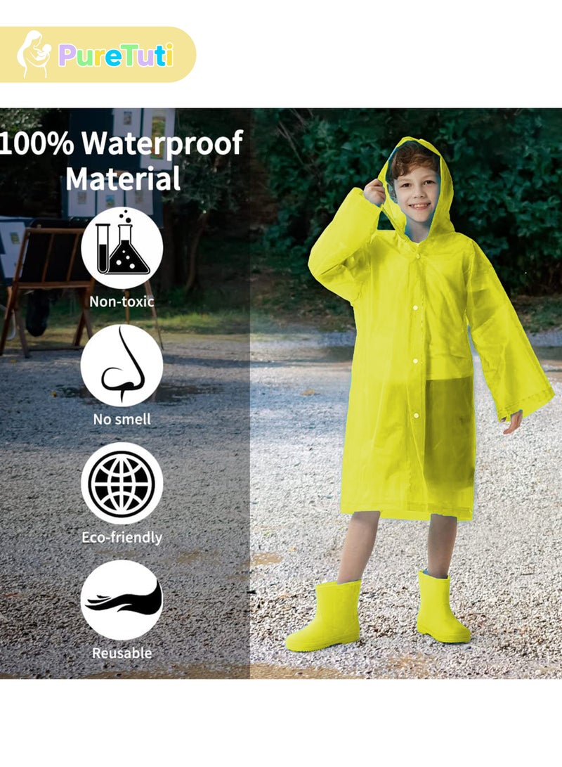طفل نقي معطف مطر للأطفال مقاوم للماء، بونشو مطر محمول من مادة إي في إيه، للبنات والأولاد الصغار، سترة مطر قابلة لإعادة الاستخدام للأطفال للتسلق وركوب الدراجات والمشي لمسافات طويلة والتخييم (أصفر) - Image 4