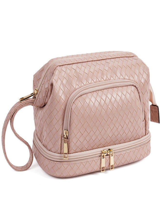 Telena Makeup Bag Large Capacity Travel Cosmetic Bags Double Layer Portable Leather Make Up Bag for Women (Pink - Woven) - Image 1