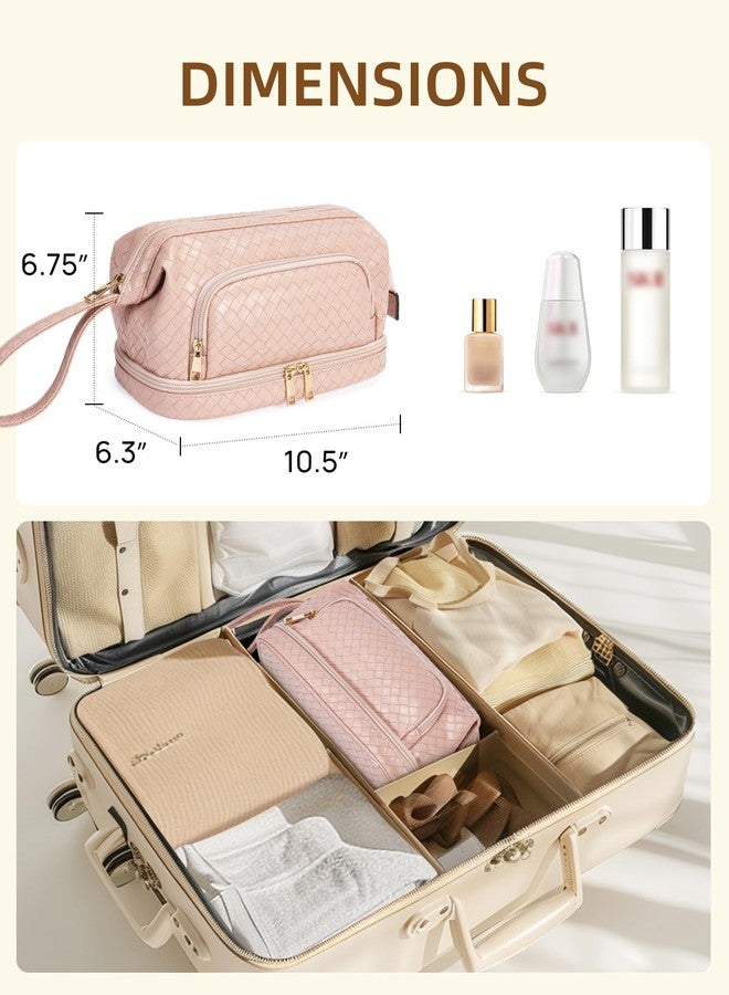 Telena Makeup Bag Large Capacity Travel Cosmetic Bags Double Layer Portable Leather Make Up Bag for Women (Pink - Woven) - Image 3