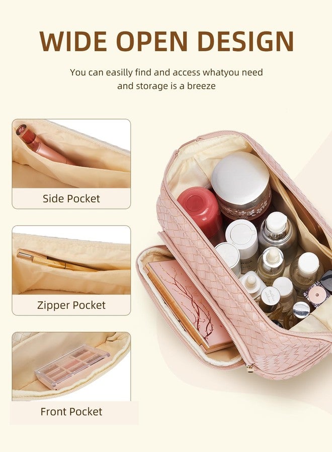 Telena Makeup Bag Large Capacity Travel Cosmetic Bags Double Layer Portable Leather Make Up Bag for Women (Pink - Woven) - Image 4