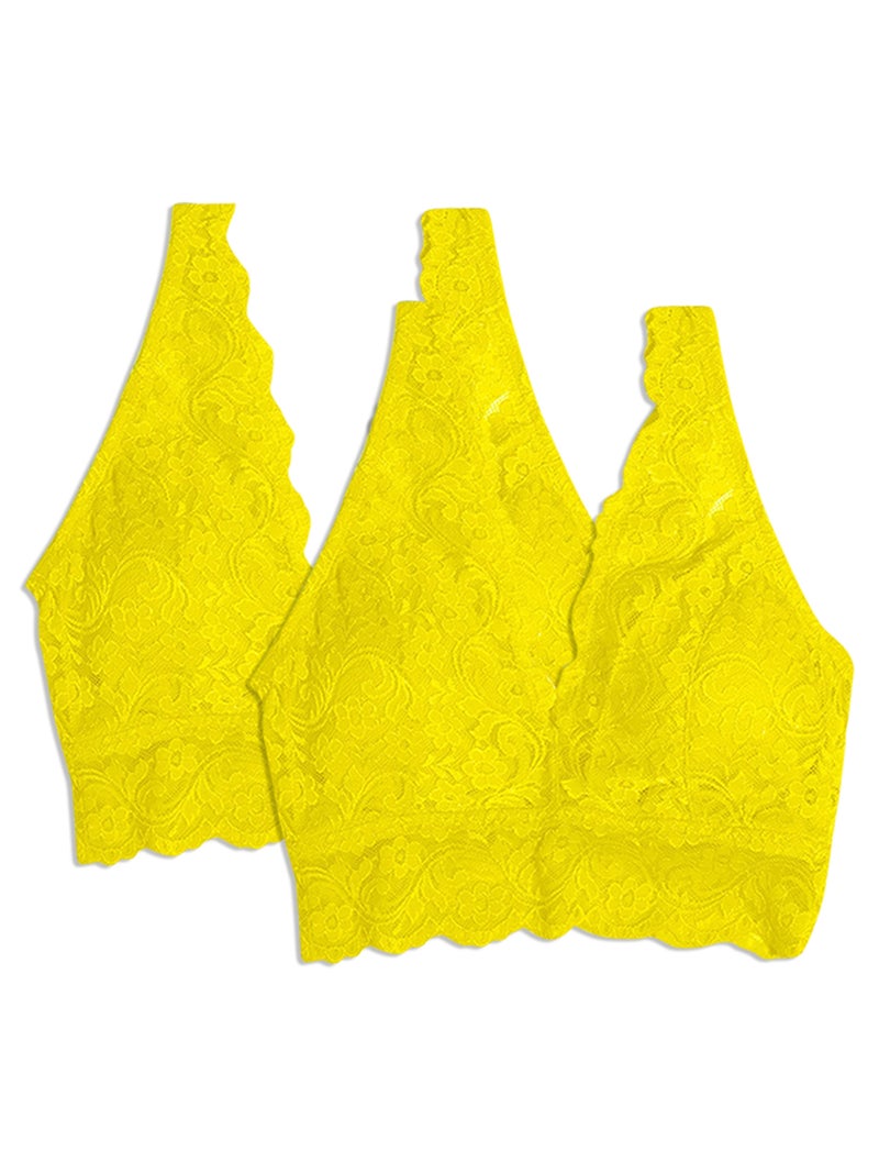 Wirefree Soft Bra: XX-Large Yellow Full-Coverage Wirefree Soft Cups - Wide Below-Bust Brim Prevents Rolling-Up Deep V-Neck V-Back Scalloped Lace Bra for Sleep Yoga Daily Wear - Image 1