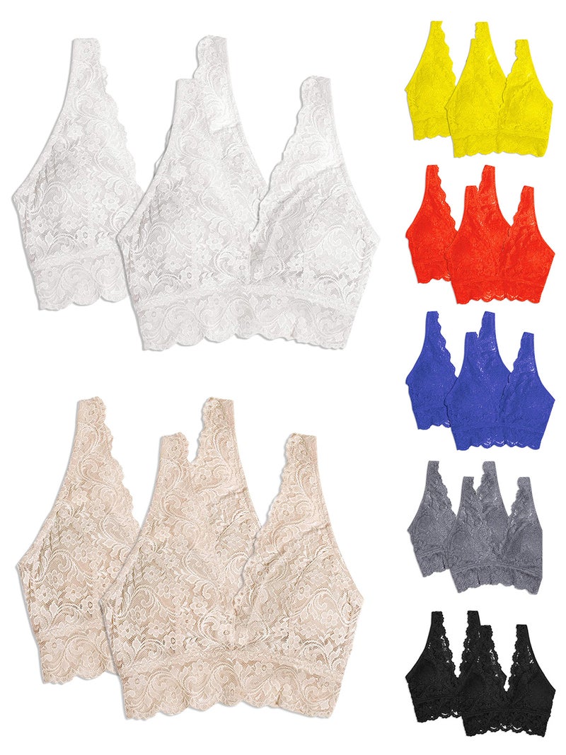 Wirefree Soft Bra: XX-Large Yellow Full-Coverage Wirefree Soft Cups - Wide Below-Bust Brim Prevents Rolling-Up Deep V-Neck V-Back Scalloped Lace Bra for Sleep Yoga Daily Wear - Image 4